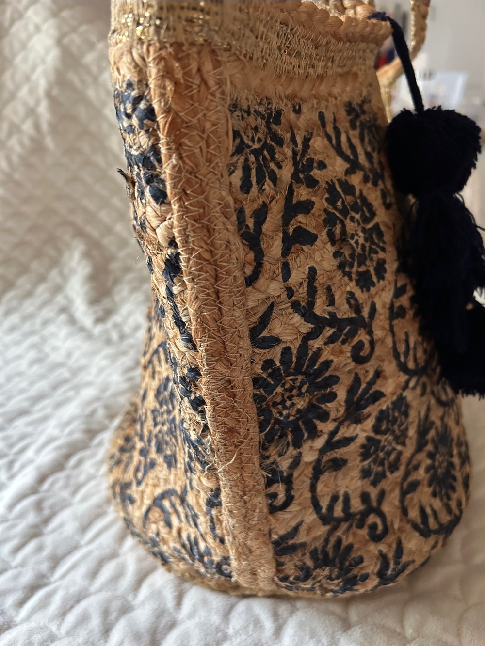 Olivia Miller Natural Straw Tote with Navy Floral Print and Tassel - Picture 5 of 7